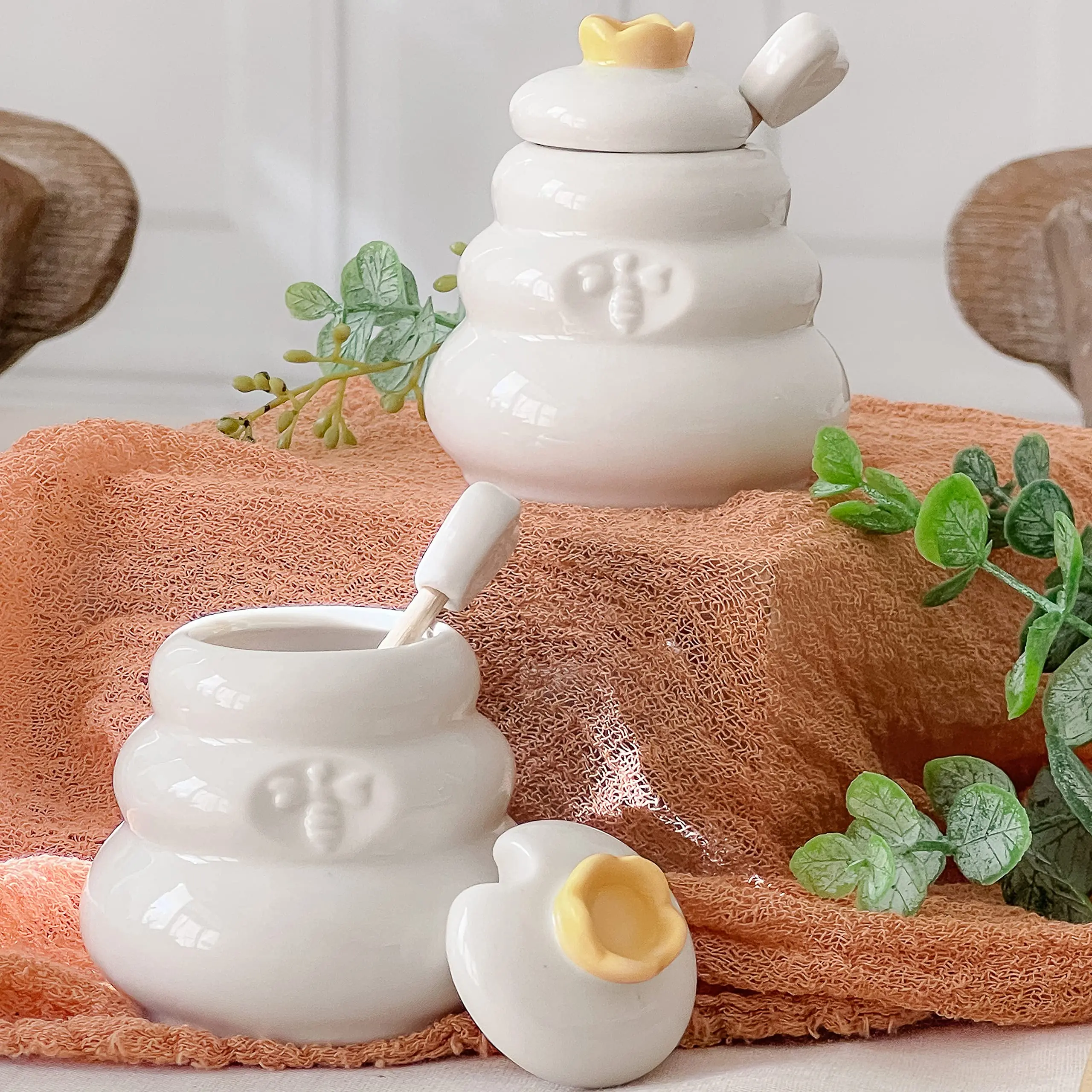 Kate Aspen Ceramic Bee Hive Mini Honey Jar & Wooden Honey Dipper Set (Set of 2) Kitchen Decor, Bumblebee Baby Shower Prize, Take Home Gift, Bee Decorations