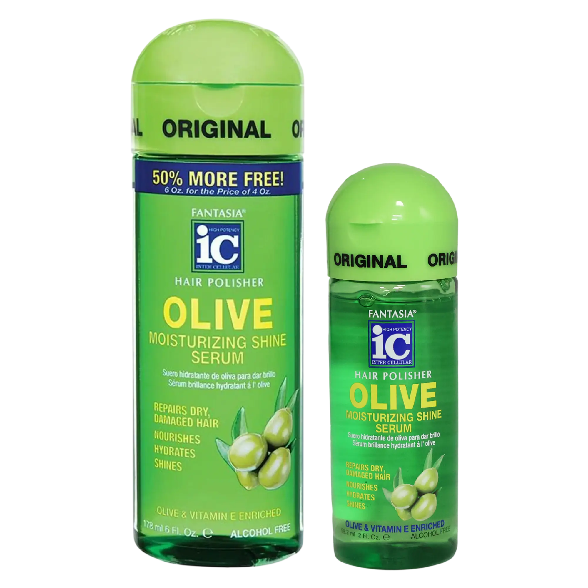 Fantasia IC Hair Polisher Olive Oil Moisturizing Serum - Frizz Control, Shine Boost, Lightweight Dry Hair Treatment, 6oz & 2oz Bundle with Olea Europaea Fruit Oil to Restore, Olea Europaea (Olive) Fruit Oil