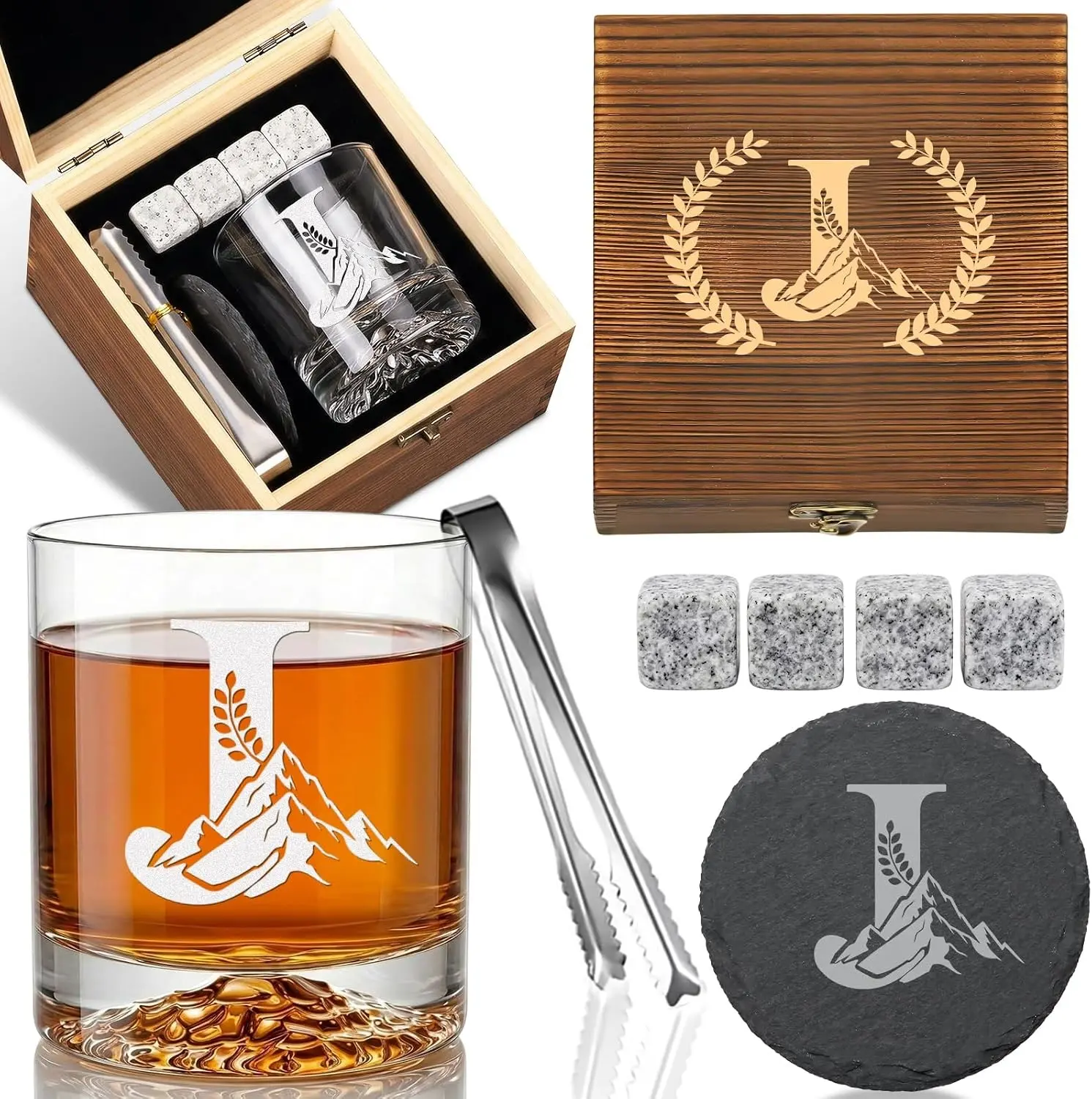 Personalized Whiskey Glass Gift Set for Men - Monogrammed Initial Rocks Glass with Slate Coaster, Wooden Box & Whiskey Stones, Great Birthday Father's Day Gift for Him Dad Husband (J)