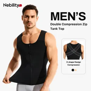 Nebility Men’s Double-Layer Shapewear Vest – Waist Trainer Trimmer with Sponge Shoulder Straps & X-Back Support, Zipper Front, Athletic & Fitness Body Shaper for Sport & Everyday