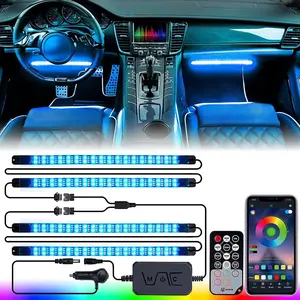 XPRITE Double Row RGB LED Car Interior Bluetooth Light Strips with Remote & APP Control, Music Sync Under Dash Footwell Neon Internal Lighting Kit, w/Cigarette Adapter