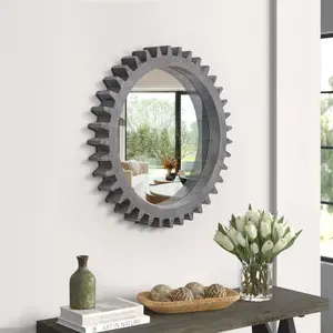 Vintage 17'' x 17'' Wood Round Hanging Gear Shape Decorative Mirror Patchwork Effect With Large-size Mirrors Individually On Art Walls,Sold Individually(Antique Dark Brown) [same to W1445P171260 ]