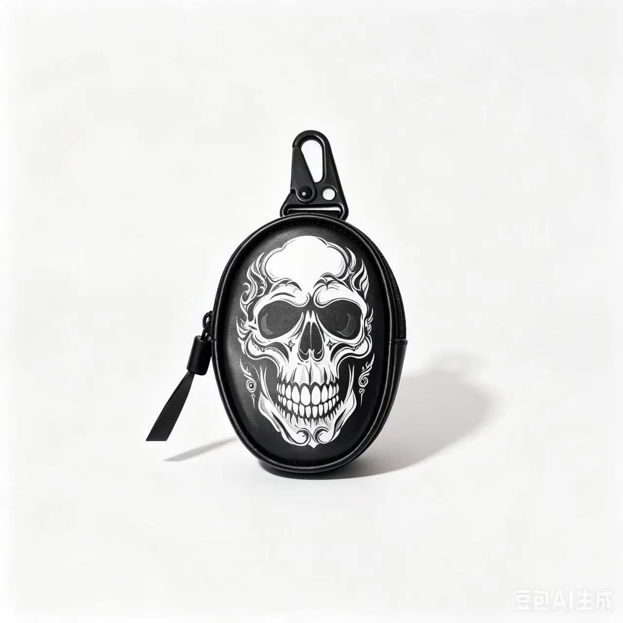 Oval Coin Purse with Hook Retro Tattoo Skull Design PU Portable Coin Storage Bag European American Biker Style Hanging Bag