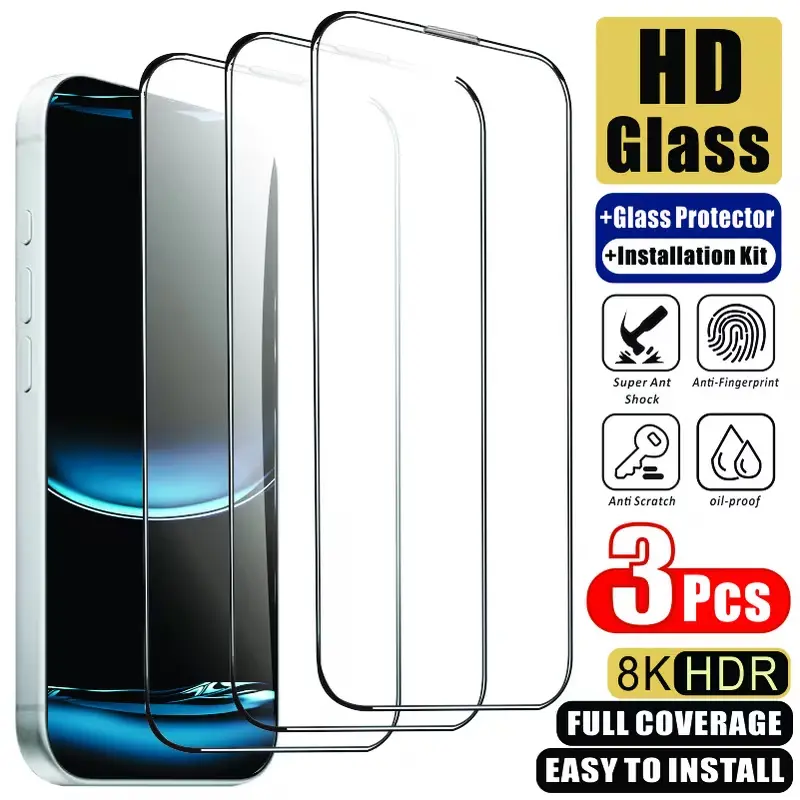 3pcs Set of Full Coverage High-Definition Glass Screen Protectors for Apple Series, Compatible with for iPhone 17 Pro Max/17 Air/17 Pro/16 Pro Max/16E/15 Pro Max/14 Plus/13/12/11ProMax/XSMax/XR  9H Hardness Protective Earpiece-dustproof Tempered Glass
