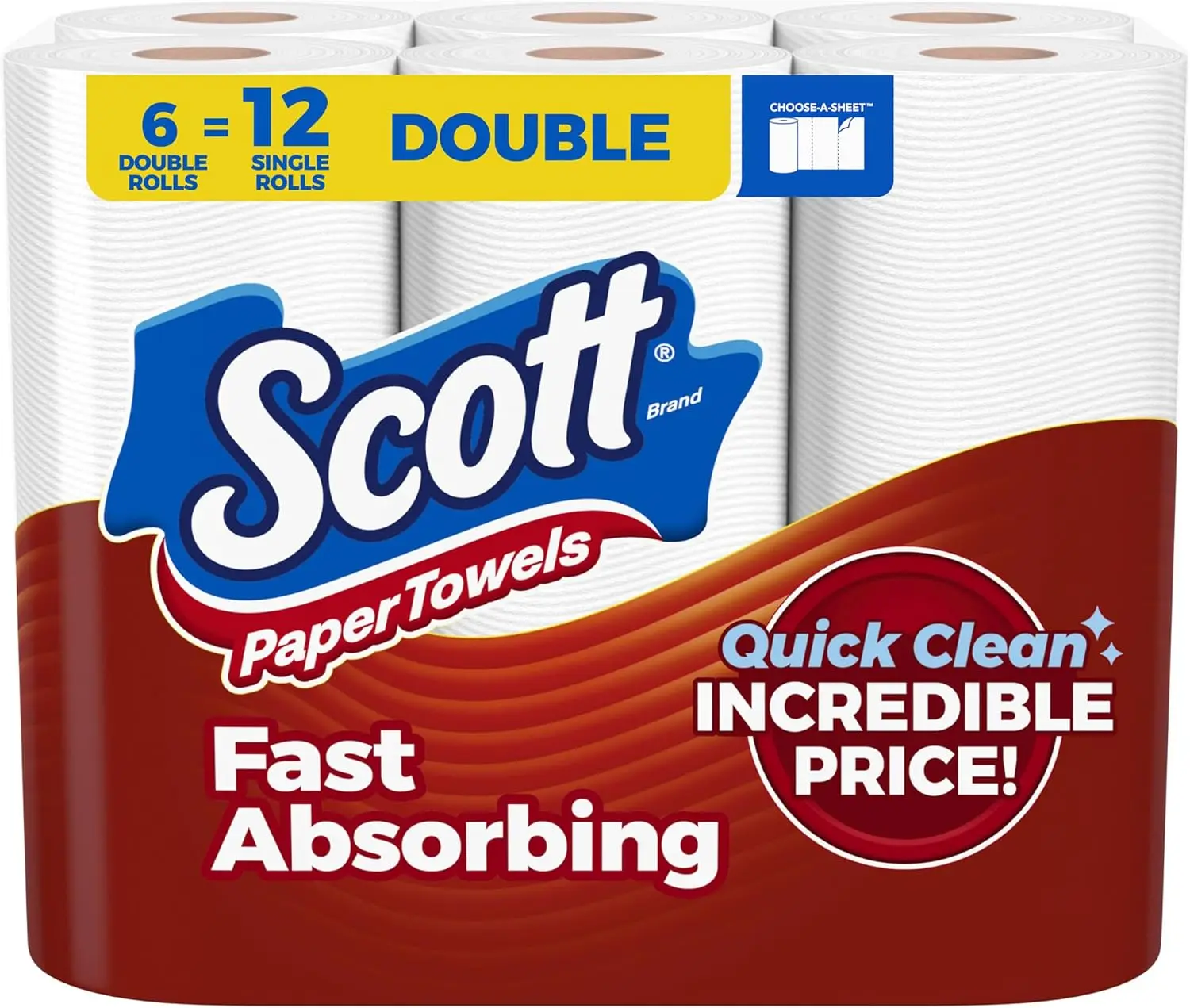 Paper Towels, Choose-A-Sheet, 6 Double Rolls = 12 Regular Rolls (108 Sheets Per Roll)