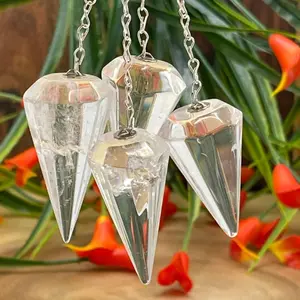 Clear Quartz Crystal Pendulum with Silver Plated Faceted Chain, Healing Dowsing Energy Balancing Point Pendulum