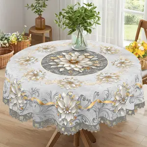 PLUMLIK Elegant Golden Floral Tablecloth, Grey Round Rectangular Table Cover, Mother's Day Decor, Indoor Outdoor Home Wedding Birthday Party Decoration, Holiday Spring Home Decor, Kitchen Festive Accessories, round table cloth Fall Farmhouse Decor