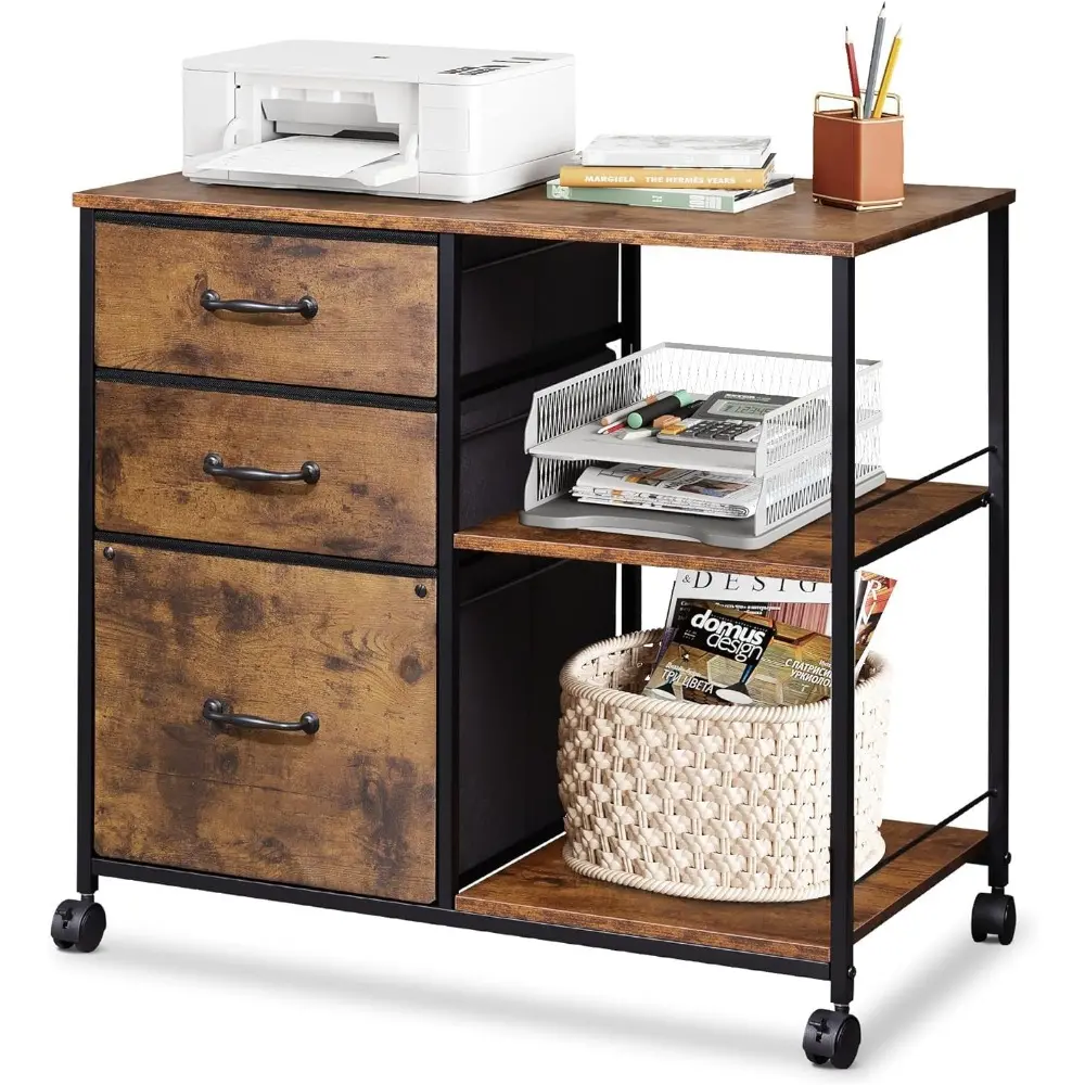 3 Drawer Mobile File Cabinet, Rolling Printer Stand with Open Storage Shelves, Fabric Horizontal File Cabinet Fits A4 or Letter Size for Home Office, Rustic Brown Woodgrain Print