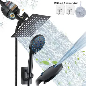 Shower Head Set, 1 Set High Pressure 8 Inch Square Shower Head with Self-adhesive Bracket & Stainless Steel Hose & 3-way Diverter Valve, Bathroom Accessories