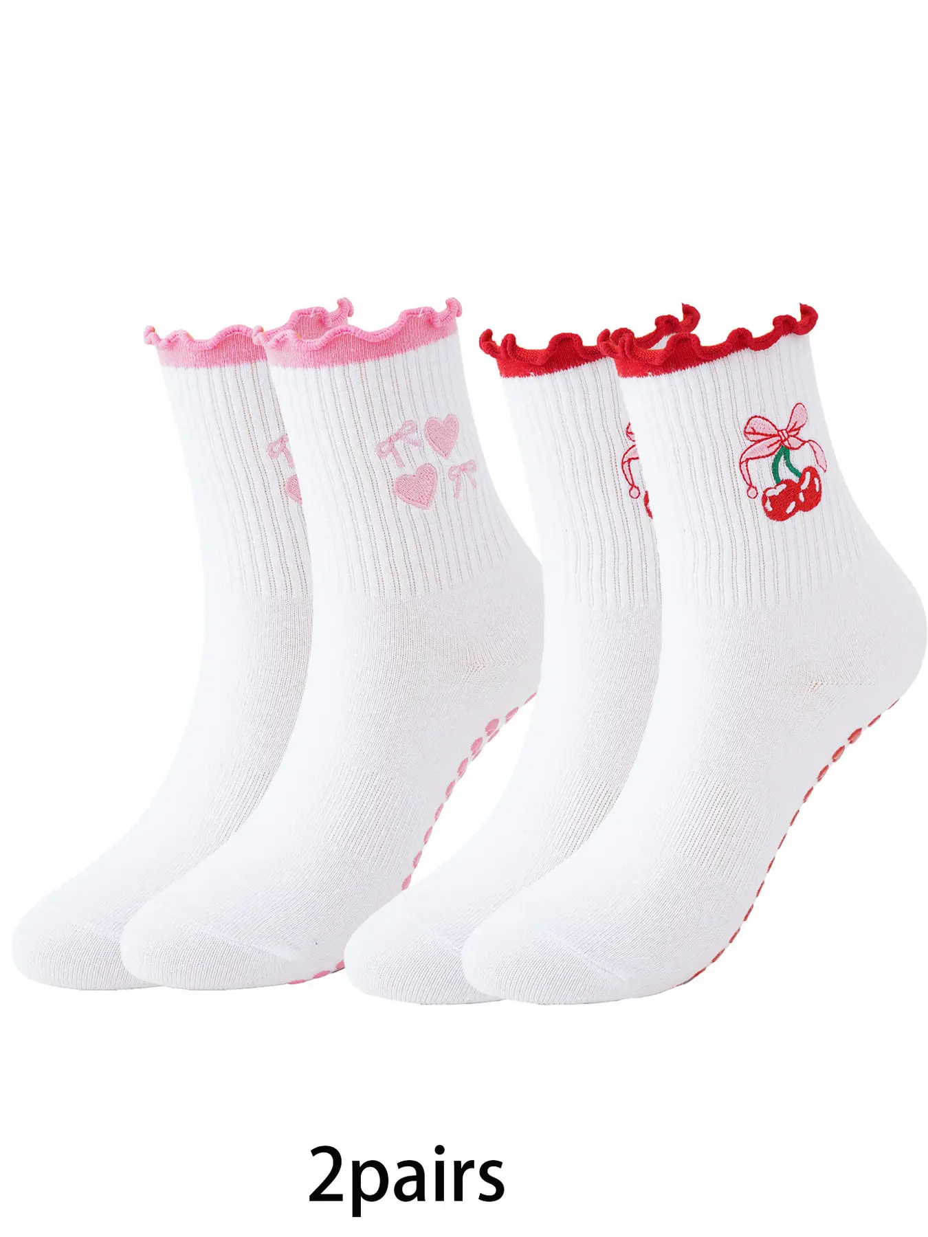 2 pairs of elegant Aesthetic lace-edged ruffled embroidered heart mid-calf socks, stylish cute silicone anti-slip fitness yoga socks suitable for women's daily home workouts, Pilates socks