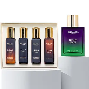 Night Fever Mafia by BellaVita Luxury | Perfume Combo Gift Set | 100 ml + Men’s Gift Set 4×20 ml | Night Fever, Oud Parfum, Klub Man, GOAT Man & CEO Man | Long Lasting Eau De Parfum | Vegan & Cruelty Free