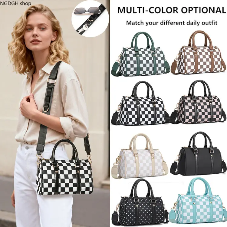 Women's Retro Plaid Mini Duffle Bag, 2-Tone Black Crossbody Purse with Top Handles, Adjustable Strap, and Gold Hardware, Crossbody Carry