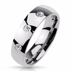 Lanyjewelry Men's 316L Stainless Steel Classic Dome Band Ring - 3 Round CZ Stones, Hypoallergenic Engagement Band