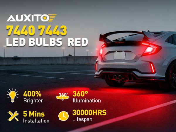 AUXITO 2026 Upgraded Red LED Strobe Tail Brake Light Bulb, CANBUS Ready 7440/7443 OR 3156/3157 LED Flashing Stop Bulbs (Not Universal), 3800LM 400% Brighter Plug and Play,for Backup Light Tail Light Brake Light Turn Signal Light Parking Light, Pack of 2