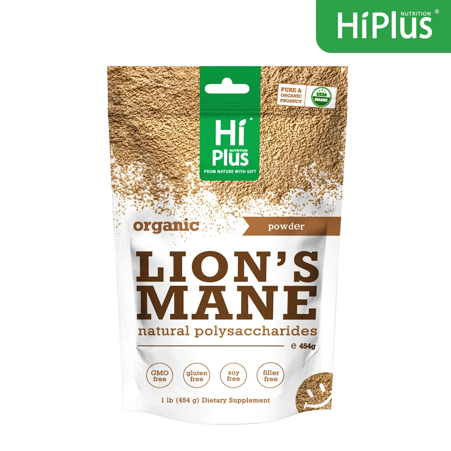 Hi Plus Organic Lion Head Mushroom Supplement Powder | Natural Superfood to Support Brain Function, Energy and Immune Health | Non-GMO, Vegan, No Additives | 16 oz