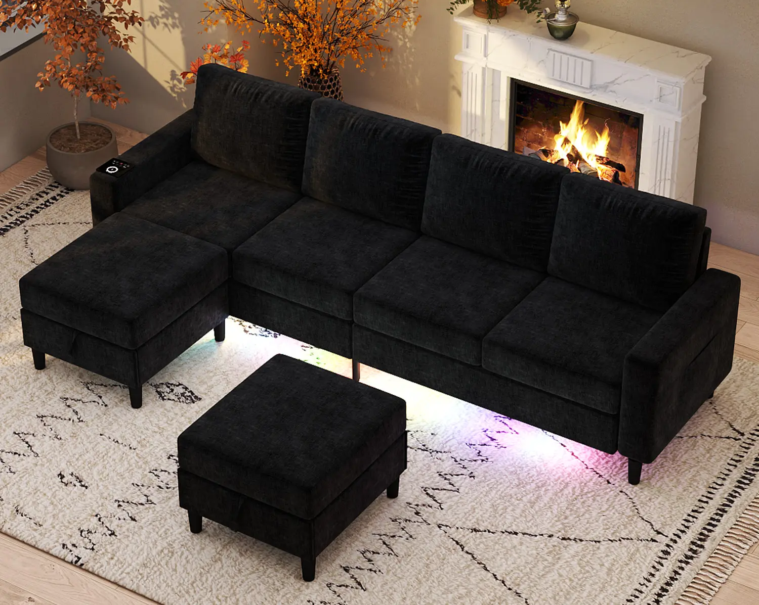 109-in 3-in-1 U-Shaped 6-Seater Modular Sectional Sofa (2 Packages) - Sherpa Corduroy Couch with Fixed Arms, Wireless Charge, LED Lights, Speakers, Storage, Pocket Coil Springs, Lazy Chaise Lounge - Cloud-Soft Apartment Furniture, Modern