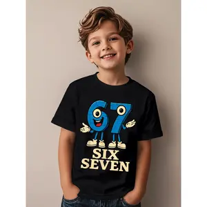 Number 67 Graphic T-Shirt with 6&7 Combination Print & 67 Splash Design - Round Neck Casual Birthday Party Outfit for, Summer Casual Attire (Number 67 Print)