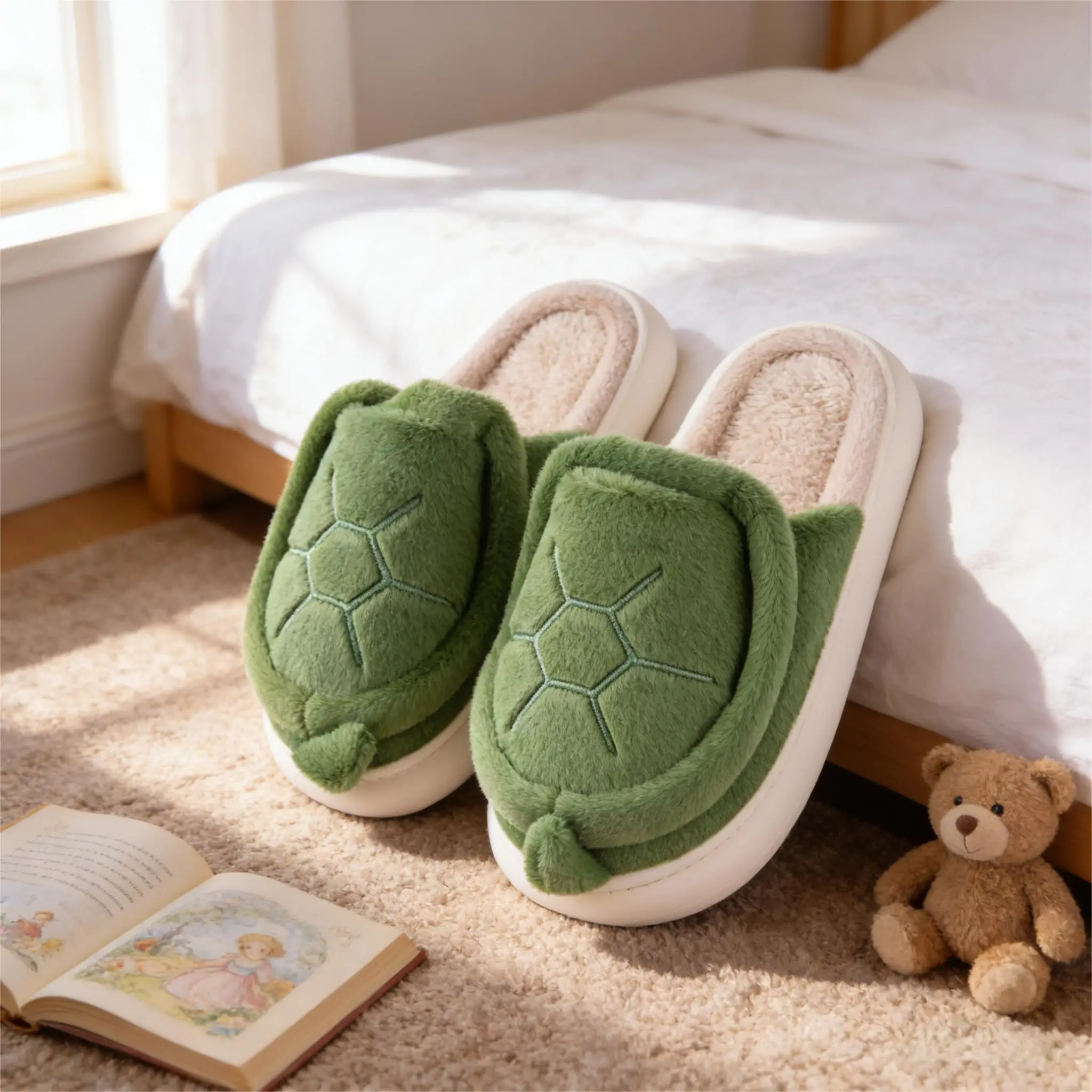 Women's Tortoise Shell Cute Slippers, Plush Upper Slip-On Slides with Flat TPU Sole, Warm Indoor Footwear with Soft Lining, Shoe, Soft Sole Slippers