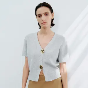 URBAN REVIVO Women's Chic Cropped Knit Cardigan Top - V-Neck Shortsleeve, Chunky Metal Buttons, Soft Fabric, Casual Basic Everyday Tops for Skater Outfits