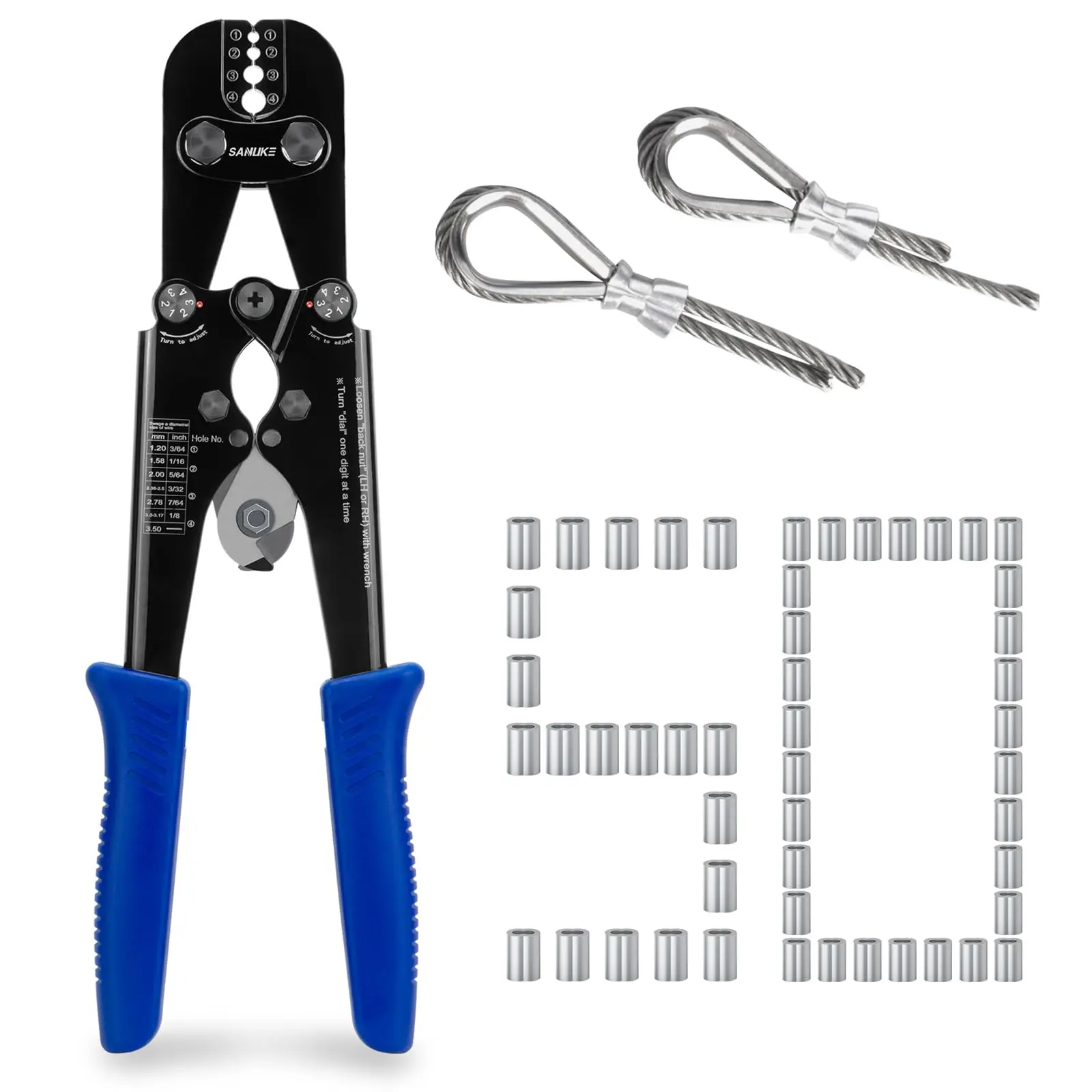 Wire Rope Crimping Tool Kit, Professional Wire Rope Crimper and Cutter for Aluminum Oval Sleeves, Double Sleeves, Crimping Loop Sleeves from 3/64-inch to 1/8-inch