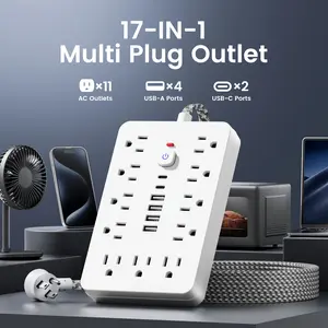 17-In-1 Surge Protected Power Strip with 11 AC Outlets, 4 USB-A And 2 USB-C Ports. 5ft/10ft Braided Flat Extension Cord, Wall-Mountable Desktop Charging Station. US Plug. Great for Home, Office And Travel Use.