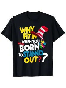 Dr. Seuss 'why Fit In' Print T-Shirt, Unisex Casual Loose-Fit Top, Geometric Pattern, All Seasons, Short Sleeve, No Button or Zipper