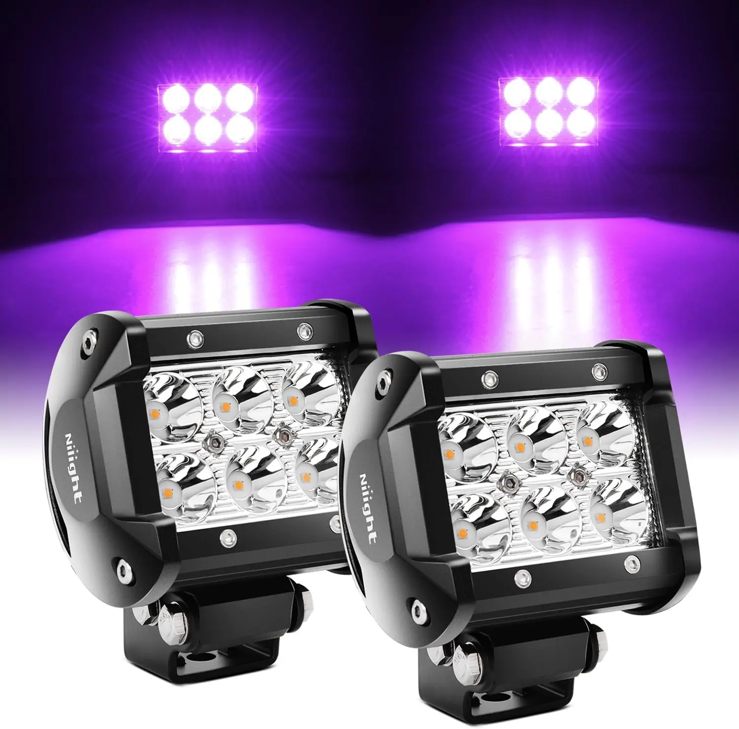 Nilight 4-Inch 18W Purple Spot Beam LED Light Bar Pods (2PCS), 12V-24V Aluminum Working Lights with Advanced Red Chips, Rain/Fog Ready Salt Spray Tested Truck Accessories, Spot Beam Sharpens Far-Ahead View for SUV, Automotive Neon Decor, Father's Day Gift