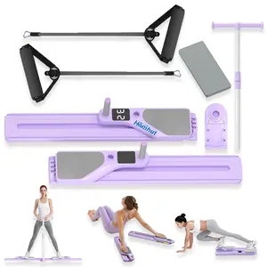 Purple Portable Pilates Board Reformer Workout Machine All In One Fitness Kit With Resistance Bands Digital Timer Kcal Reps Monitor Full Body Home Gym Exercise Gear For Daily Use