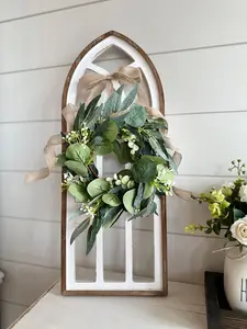 Whitewash Window Arch Frame with Wreath Farmhouse Home Wall Decor Cathedral Distressed Arch with Eucalyptus Wreath Housewarming Gift