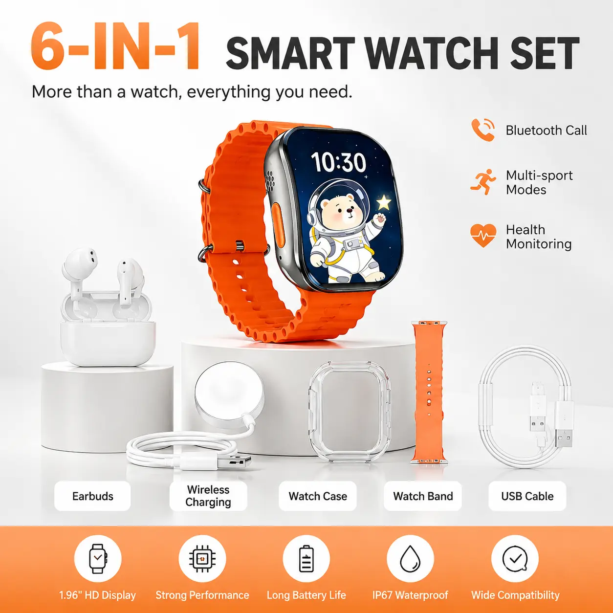 Smartwatch & Bluetooth Earbuds Combo Kit, Type-C Cable, Audio Support – Compact All-in-One Bundle for Sports & Daily Wear, Gift for Men Women Teens, Compatible with iPhone Android