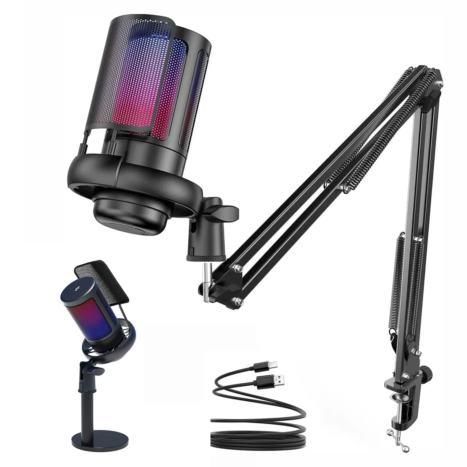 Professional game live streaming media microphone set, Wired Recording, Recording Audio, shock mount+cantilever bracket or desktop base, suitable for iPhone/Android/PC/camera/PS4/PS5/Switch, used for Twitter, YouTube, Tiktok, podcasting, dubbing