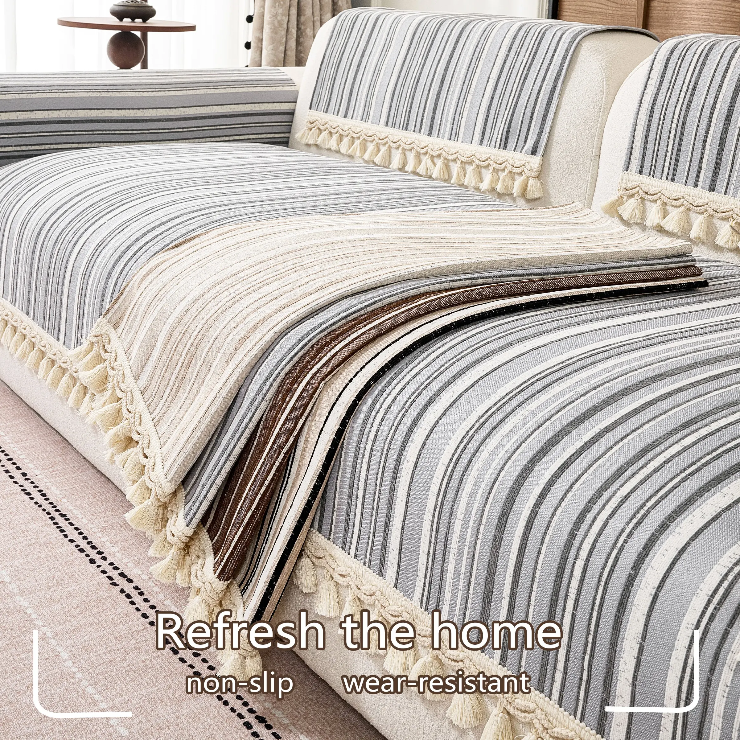 Modern Striped Sofa Cushion, Non-Slip Pet Friendly, Suitable for 1-4 Seats, Soft Comfortable Living Room Decor, Polyester