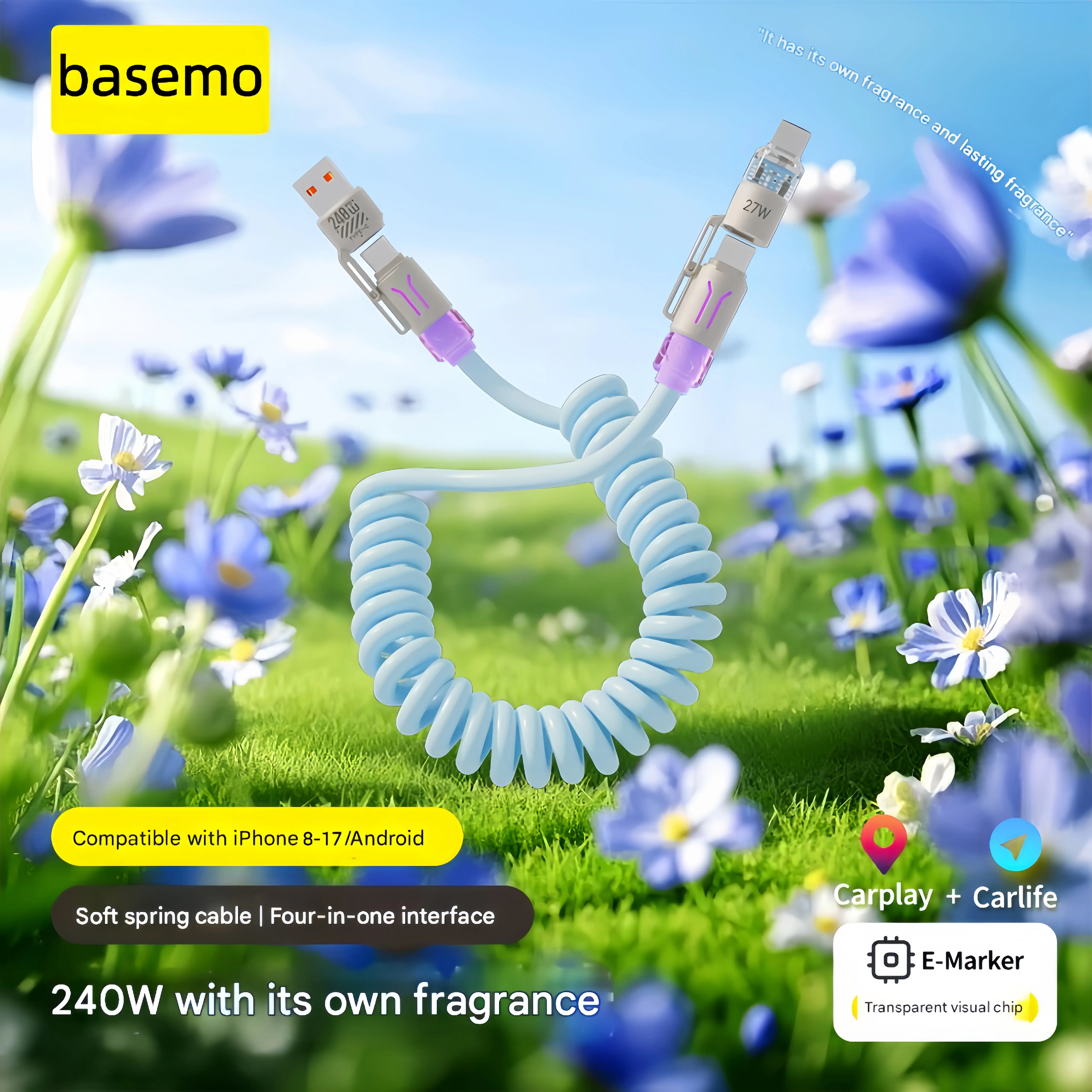 Basemo 2026 Upgraded 240W Fast Charging Cable - 4-in-1 Telescopic Spring Retractable Cord, RGB Light, Fragrance, 2m Length - Electronic Travel Charger for iPhone, Samsung, Motorola Mobile Devices, Type-C Compatible