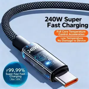 240w Super Fast Charging Cable with LED Indicator, USB-C to Type-C Textile Line, Efficient Energy Saving, Durable for Cellphone, Smartphone, Apple Huawei Xiaomi Samsung Devices
