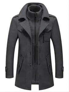 Men's Double-Collar Blended-Fabric Long Coat with Zipper and Pockets, Warm and Durable Clothing, Suitable for Business or Casual Wear in Autumn & Winter