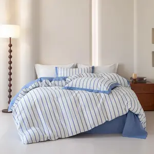 Denim Blue Striped Duvet Cover   Washed  3 count Set 1 Neutral Stripe Duvet Cover with Zipper Ties 2 Pillow Shams Classic Blue and White Dual Color Bedding Set Soft
