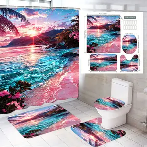4pcs Tropical Sunset Beach Theme Bathroom Set, Vibrant Shower Curtain & Cozy Bath Mat, Matching Toilet Seat Cover, The floor mat fabric is thicker and softer! Ideal for Summer Decor, Bathroom Decoration Accessories, Restroom Bathroom Accessories