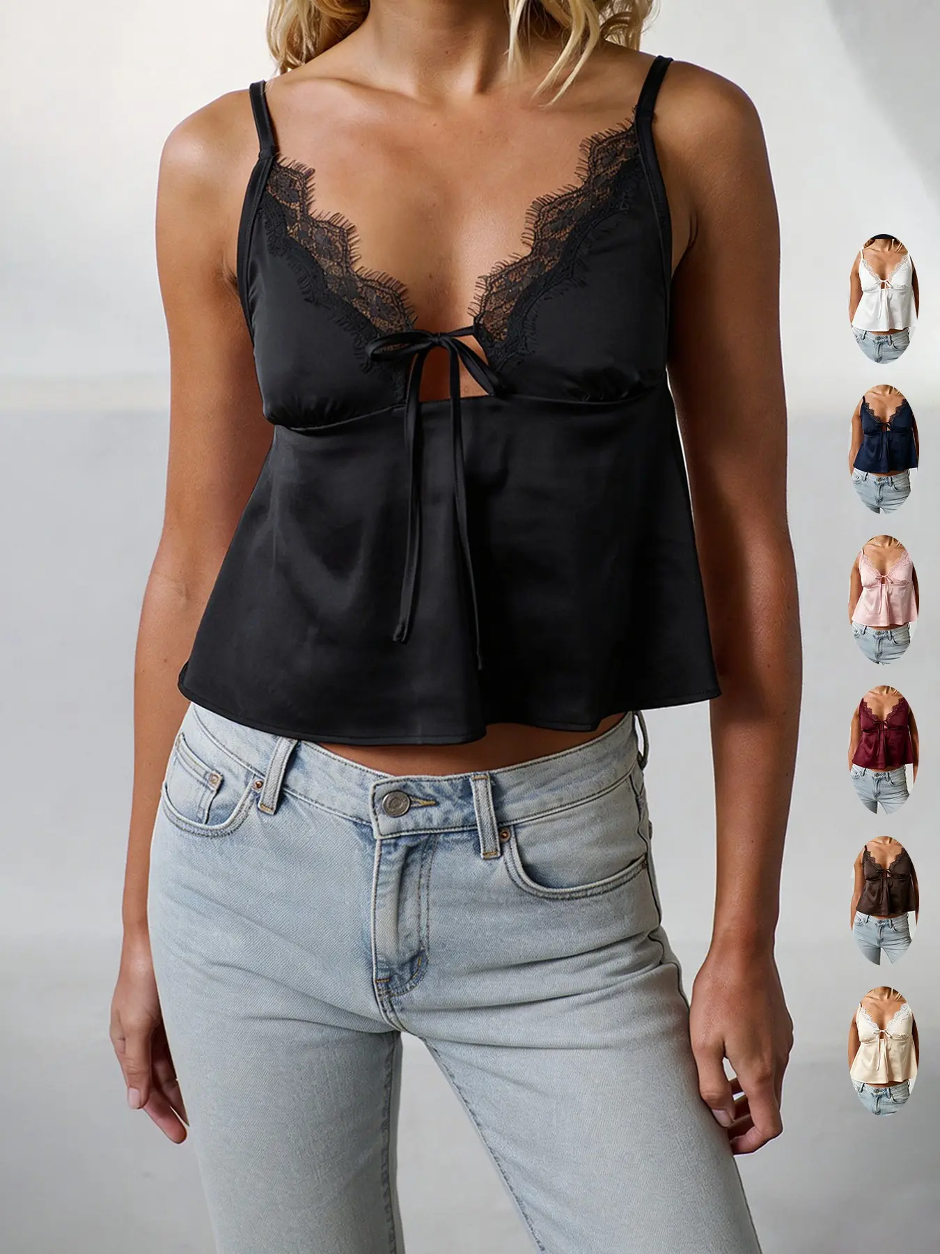 Cross-Border Summer Bestseller French Smooth Satin Lace Trim Fabric V-Neck Sleeveless Halter Strap Tie Backless Fit Cropped Top, Ruffle Edge Ruffled Short Outerwear Womenswear Women's Shirt
