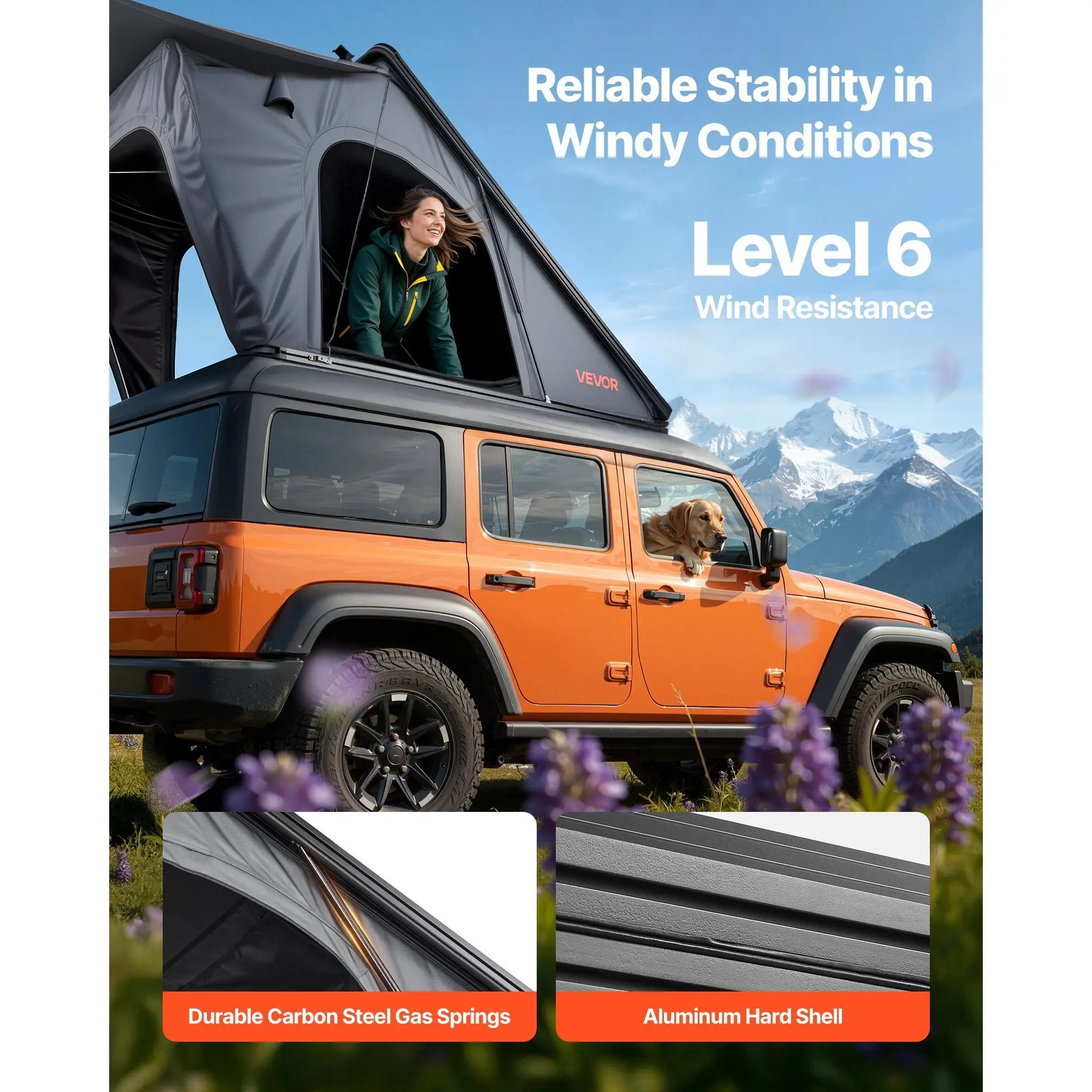 VEVOR Rooftop Tent Hard Shell, 2-3 Person Aluminum Roof Top Tent Hardshell with Tri-Color LED Light, 1 Window, Overland Camping Car Roof Rack for Jeep SUV Pickup