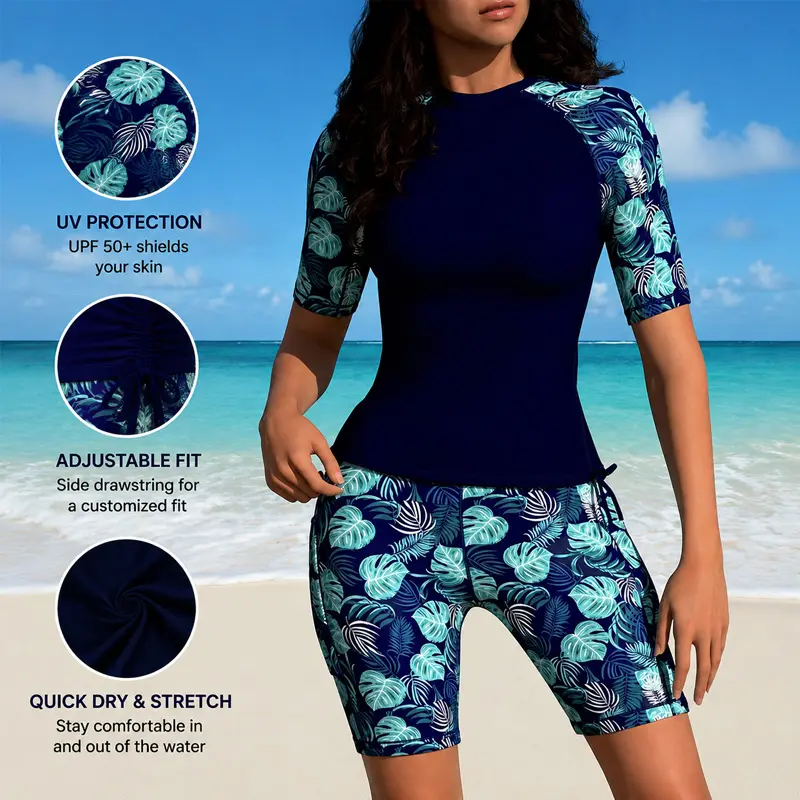 Women's 2-Piece Competitive Swimsuit - Diving Print Athletic Training Bathing Suit, Racerback Top, High-Cut Bottom, Solid Color Patchwork, Slimming Rash Guard