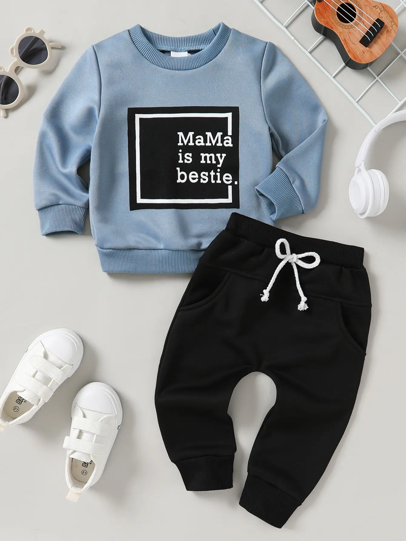 Baby Boys' 2-Piece Athletic Clothing Warmer Set - Long Sleeve Crew Neck Letter Hoodie, Soft Breathable Drawstring Sports Pants
