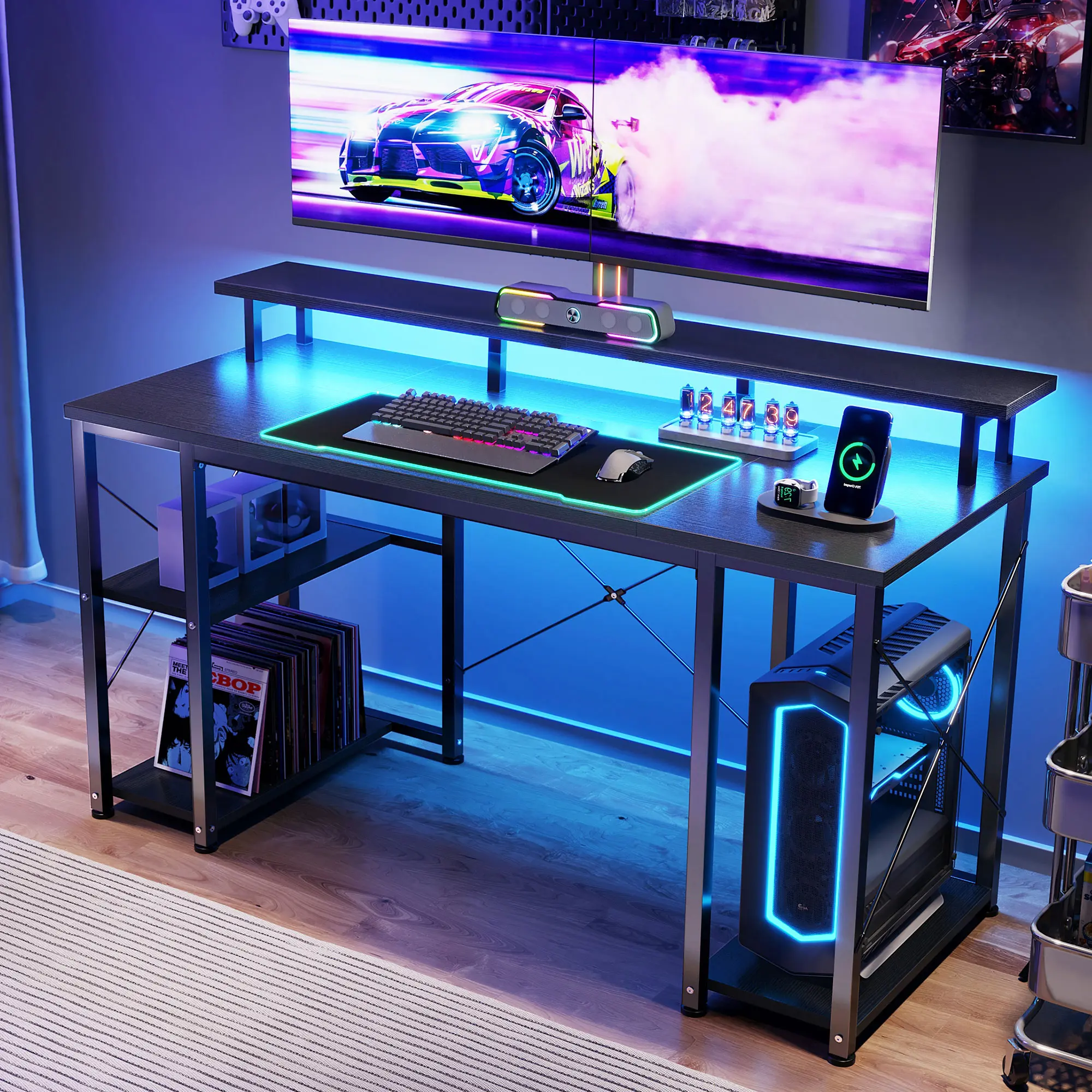 AODK Gaming Desk with LED Lights & Storage Shelves, Raised Monitor Stand with CPU Stand for Organized Gaming Setup, Home Office & Gaming