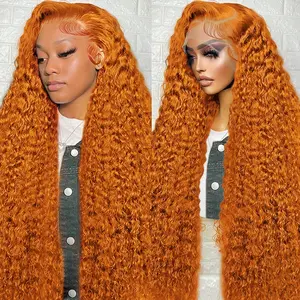 Pizazz #350 Ginger Color Lace Front Wigs Human Hair 13x4 HD Transparent Lace Frontal Wig Wave Wave Wig Colored Wet and Wavy Wig Burnt Orange Wig Human Hair Deep Wave Curly Pre Plucked