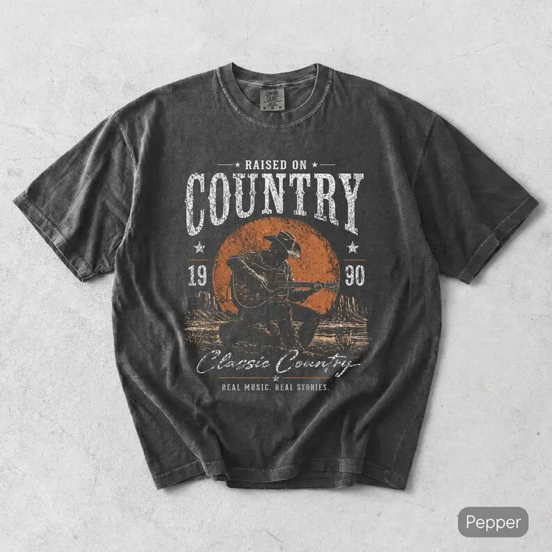 Comfort Colors Raised On Country T-Shirt, Vintage Cowboy Playing Guitar Graphic Tee, Retro 90s Country Music Shirt, Rustic Americana Western Music Fan Unisex Top