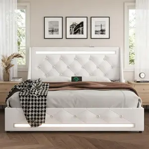 Wingback Upholstered Diamond-Shaped Headboard Bed Frame, Full/Queen Size with 2 Storage Drawers, LED Lights, Charging Station, Noise-Free Metal Slat Support, Easy Assembly, No Box-Spring Needed, White/Black Bed Frames, Full Size Bed
