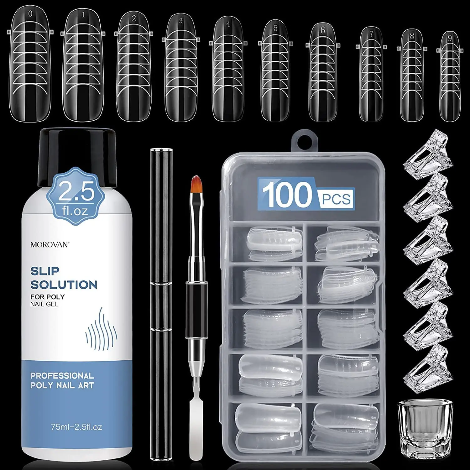 Morovan 2.5oz Slip Solution Set For Poly Gel - Anti-Stick Gel Liquid with Dual-Ended Brush For Beginners