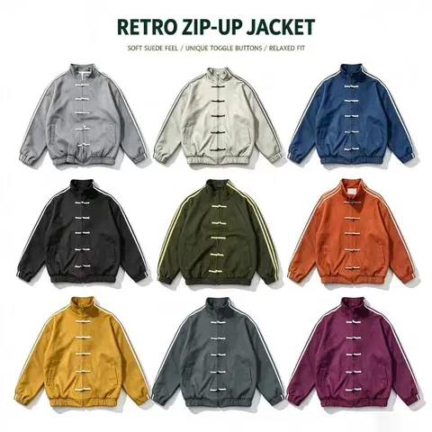 Inkhausstore Inkvaultarchive Retro Chinese Frog Button Stand‑Collar Suede Feel Zip‑Up Jacket