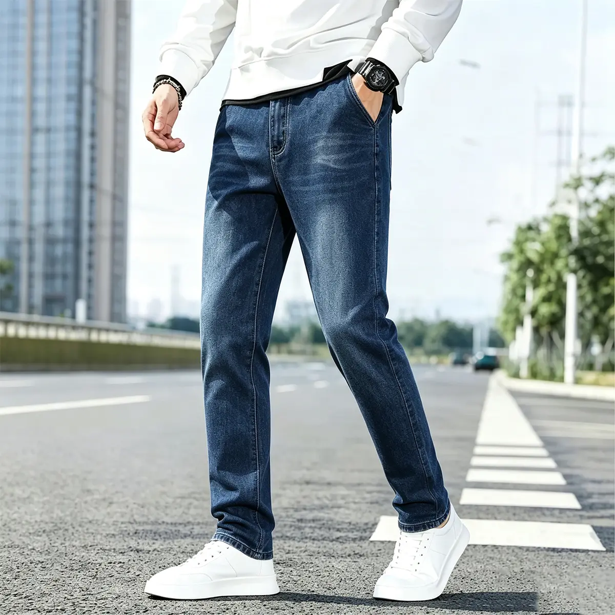 Men's Deep Blue Mid-Rise Straight-Leg Slim-Fitting Stretch Blend Denim Long Pants - Plain, Button-Front Closure, Street Retro Casual Style, Durable, Comfortable, Versatile for Trendy Outfits