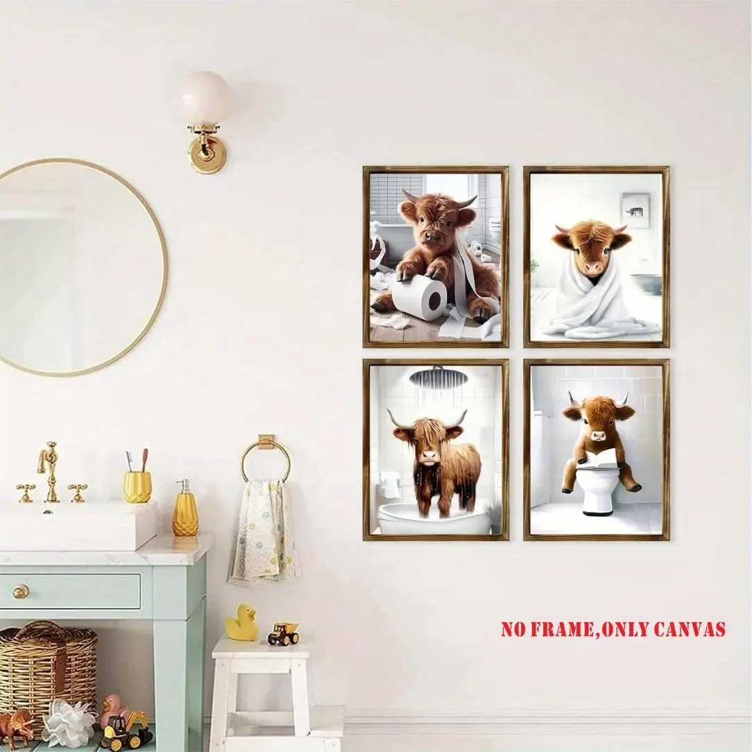 4-piece frameless set - Highland cow pattern bathroom decoration frameless painting, rural farmhouse bathroom wall decoration, animal wall art, Animal Prints, Animal design, Modern abstract design, suitable for home offices, bedrooms, and living rooms