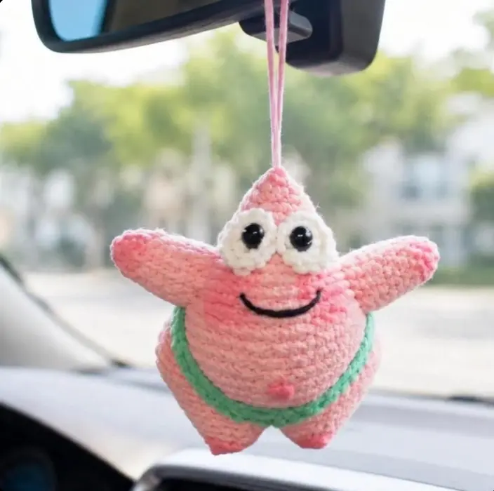 Handmade Crochet Patrick Star Car Hanging Charm - Cute Starfish Rearview Mirror Ornament & Car Decor